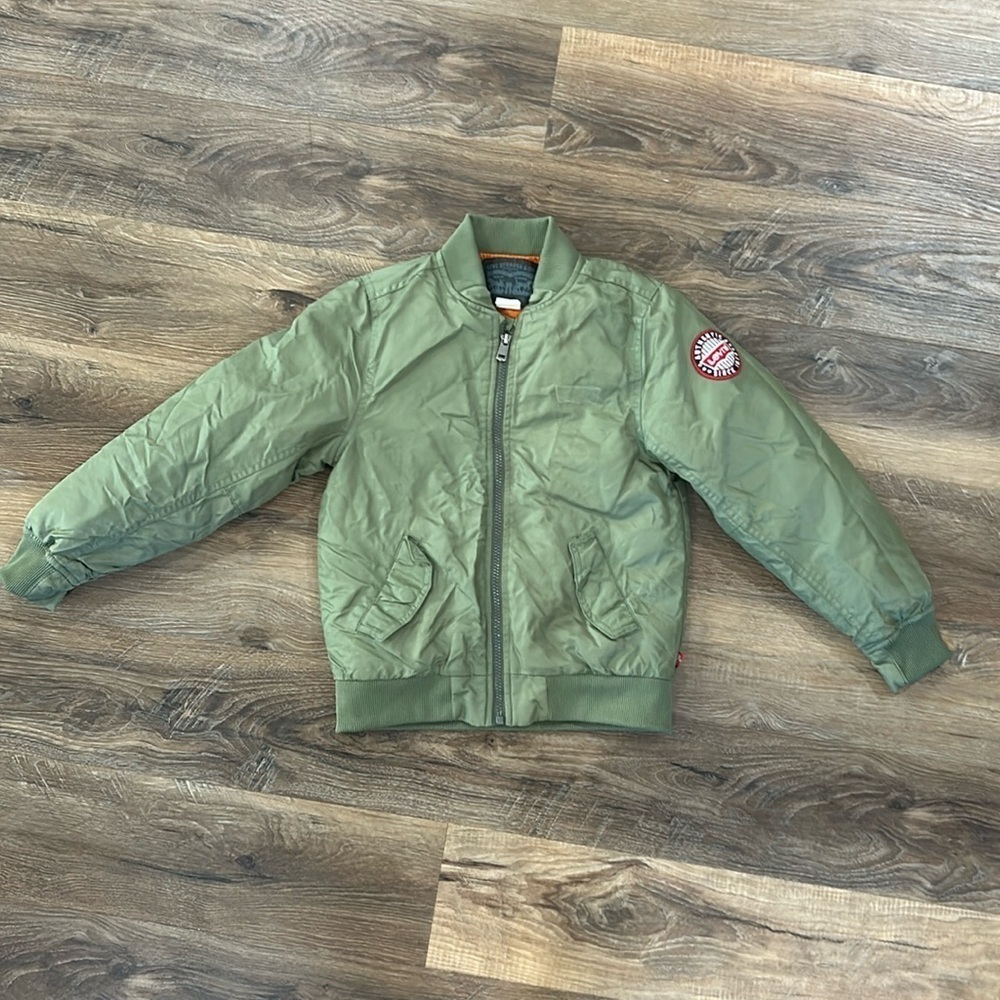 Levi's Bomber Jacket Boys Small Green Nylon Logo Embroidered Patch Zipsw/pockets